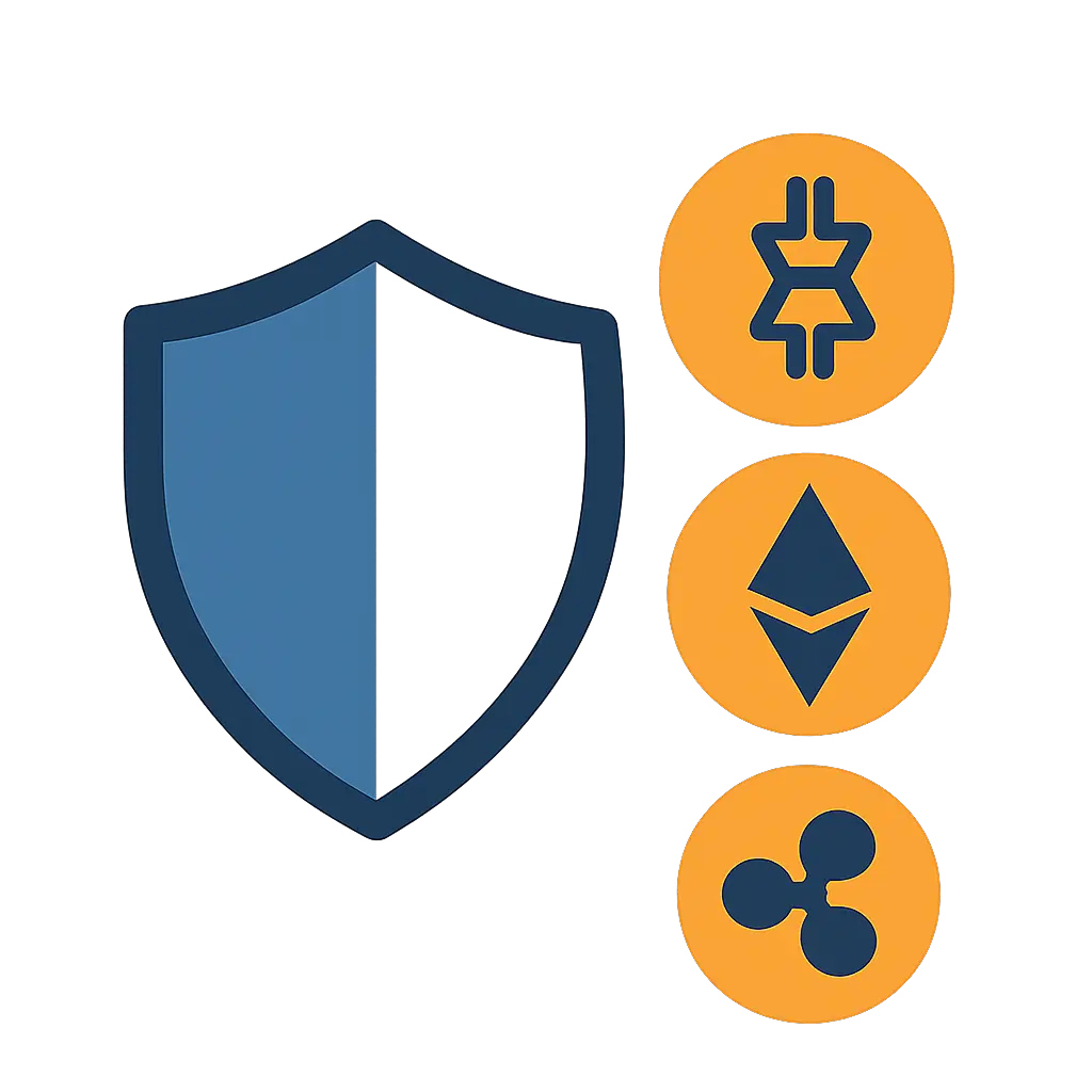 Иконки безопасности и криптовалют рядом, символ защиты транзакций