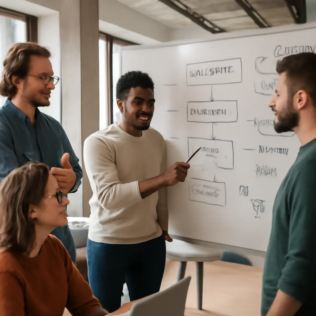 Команда обсуждает проект Команда разработчиков обсуждает стратегию проекта в офисе