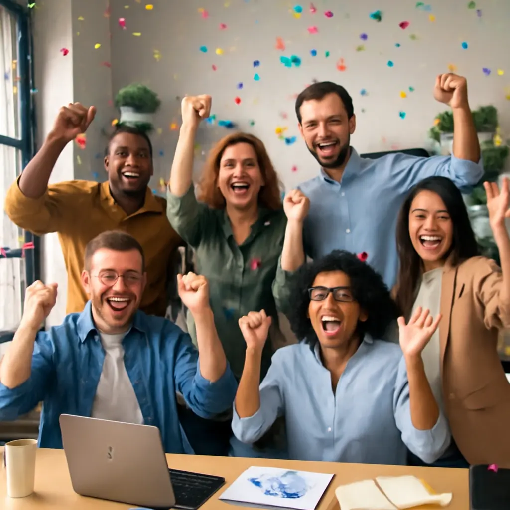 Успешный запуск продукта Команда празднует успешный запуск программного продукта